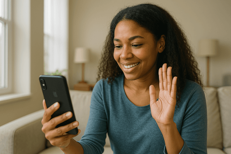 Pårørende hjelper eldre kvinne med mobil